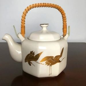 Vintage Otagiri Japanese Teapot Gold Enamel Cranes Birds Bamboo Handle